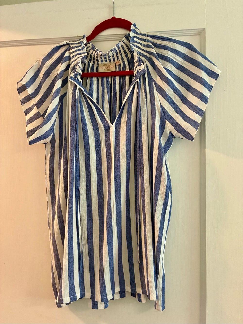 RUNGOLEE Louise Cotton Blouse in Blue White Stripes XS EUC